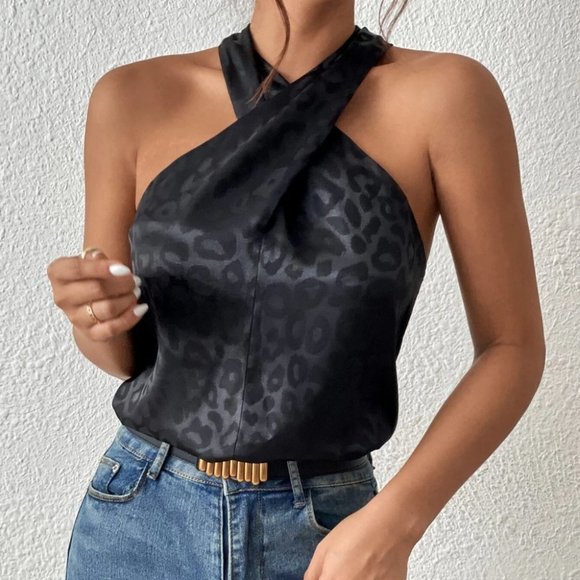 Luxe leopard print Satin Halter Top - Picture 3 of 5